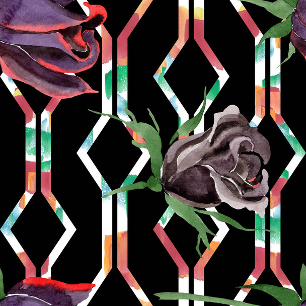 Black rose floral botanical flowers. Watercolor background illustration set. Seamless background pattern. - Фото, изображение