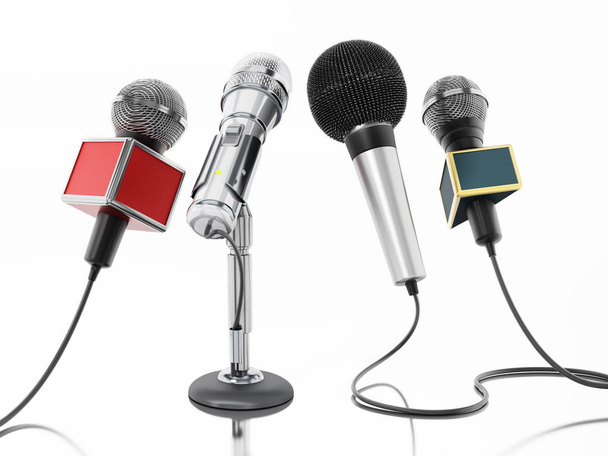 Aligned news microphones isolated on white background. 3D illustration - Zdjęcie, obraz