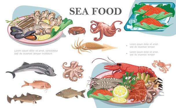Flat Seafood Composition - Διάνυσμα, εικόνα