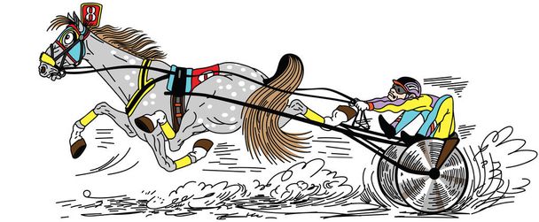 karikatúra hám Lóverseny. Gyorsan futó Trotter húz egy kétkerekű kocsi a duzzogó által elfoglalt a járművezető. Oldalnézetvektor illusztrációja - Vektor, kép