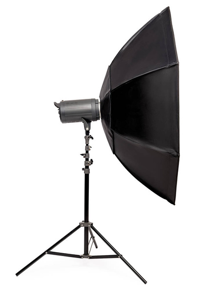 side view flash with octagonal softbox on stand, studio equipmen - Photo, Image