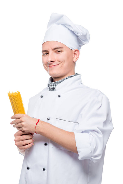Porträt einer Köchin mit Spaghetti, Porträt isoliert auf weißem Ba - Foto, Bild