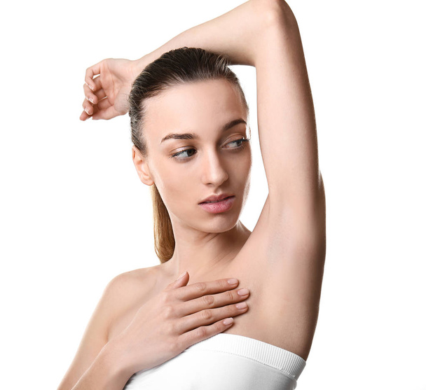 Beautiful young woman after epilation on white background - Photo, Image