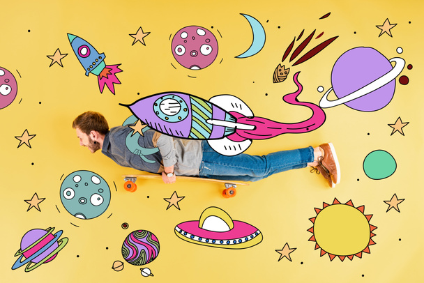 top view of man with longboard lying on yellow background with space illustration - Foto, afbeelding