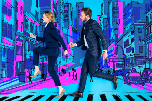 handsome businessman and businesswoman in suits crossing road together - Photo, Image