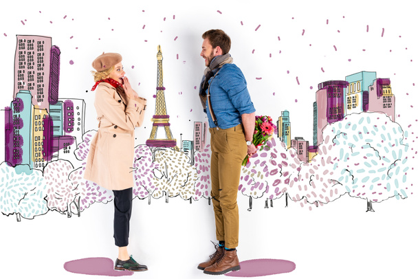 meglepett nő nézi az embert a csokor virág mögött vissza a párizsi illusztráció a háttérben - Fotó, kép