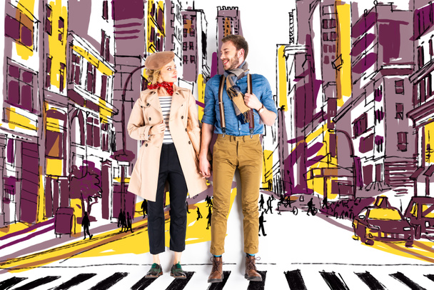 elegant couple holding hands with city street illustration on background - Foto, immagini