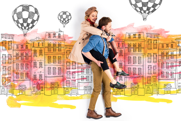 boyfriend giving piggyback ride to elegant girlfriend with buildings and air balloons illustration on background - Foto, immagini