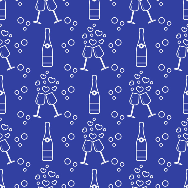 Seamless holiday pattern. Hearts, glasses, bottle - Vetor, Imagem