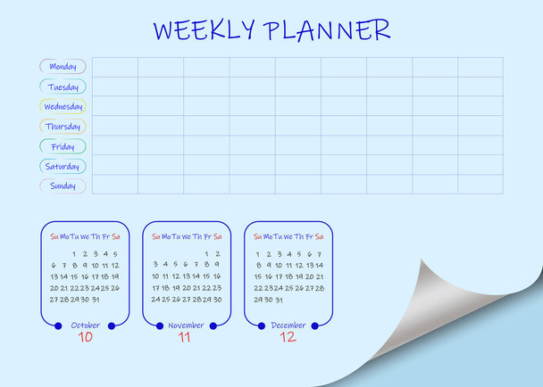 Calendário semanal escolar ou empresarial para o quarto trimestre de 201
 - Vetor, Imagem