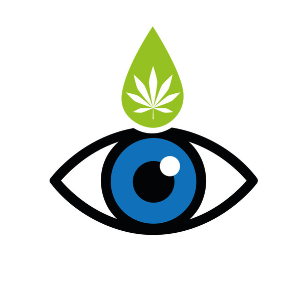 blaues Auge mit grünem Cannabis-Augentropfen-Symbol auf weißem Hintergrund - Vektor, Bild