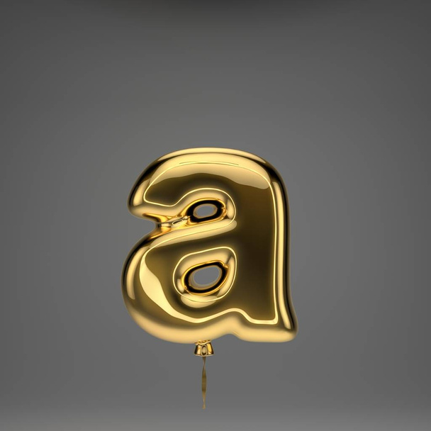 Złota błyszcząca mała litera A izolowana na ciemnym tle. alfabet renderowany 3D. Napompowana czcionka Ballon ze złotą wstążką. - Zdjęcie, obraz