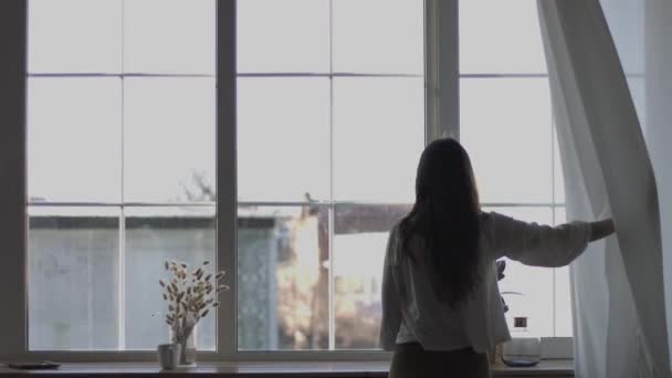 Girl pulling curtains to look out of window enjoying morning sun light back view 4k handheld camera. Natural long-haired woman stretching by window backlit interior. Yoga exercise body health care - Záběry, video