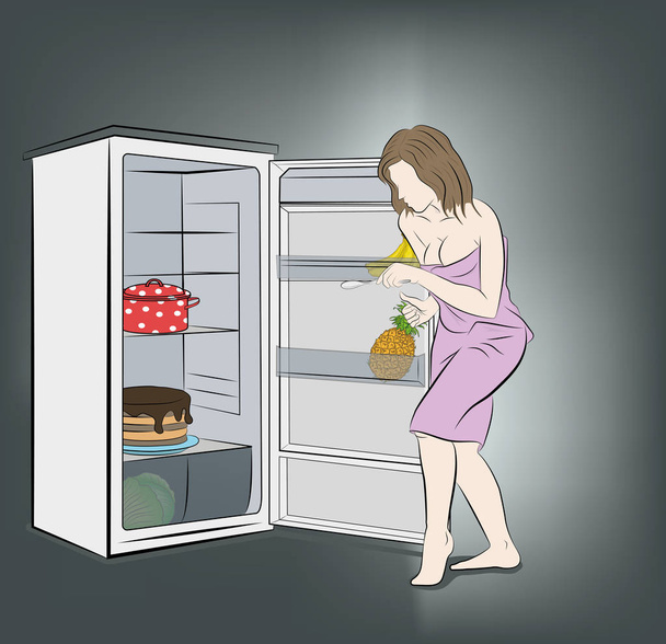 Kadın geceleri gizlice buzdolabına giriyor. Gecelik yemek. vektör illüstrasyonu. - Vektör, Görsel