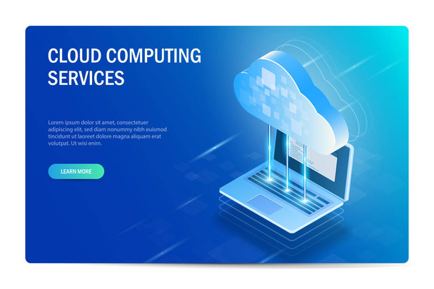 Cloud Computing Services isometrische concept. Het proces van het synchroniseren van bestanden met een laptop. Website sjabloon. Blauwe vector bewerkbare illustratie. - Vector, afbeelding