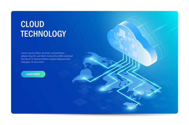 Isometrisch concept van Cloud technologie. distributie van informatietechnologie over de hele wereld. Wereld kaart. Website sjabloon. Blauwe vector bewerkbare illustratie. - Vector, afbeelding