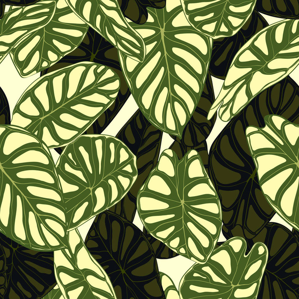 Seamless Tropical Pattern. Trendy Background with Rain Forest Plants. Vector Leaf of Alocasia. Araceae. Handwritten Jungle Foliage in Watercolor Style. Seamless Exotic Pattern for Textile, Fabric. - Vector, imagen