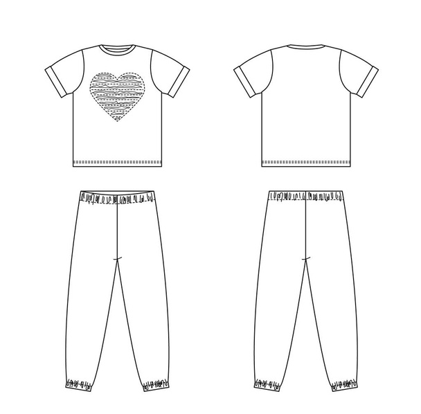 Technical drawing of childrens fashion. Childrens pajamas with heart - Vettoriali, immagini