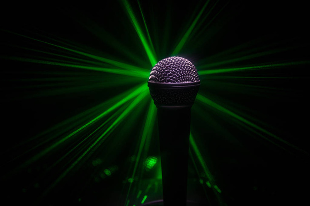 Microphone for sound, music, karaoke in audio studio or stage. Mic technology. Voice, concert entertainment background. Speech broadcast equipment. Live pop, rock musical performance - Photo, Image