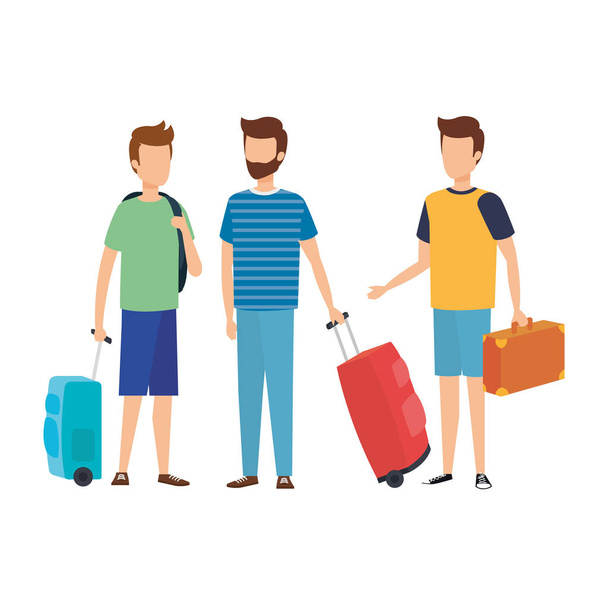 Junge Männer mit Koffern reisen - Vektor, Bild