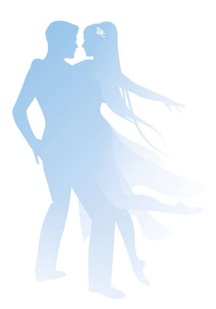 Silhouettes of couple of dancers holding each other. Girl with long hair and dancing clothes hugging her partner isolated on white background - Vecteur, image