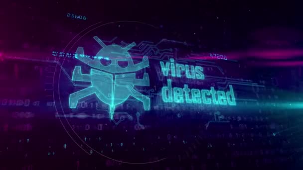 Virus gedetecteerd hologram op digitale achtergrond. Gevaar alert, antivirus, cyberaanval, worm infectie en waarschuwing abstract concept. Futuristische loop bare en naadloze 3D-animatie. - Video