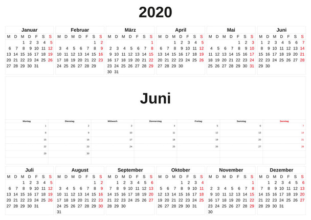 2020 a monthly calendar  with white background in German. - Photo, Image
