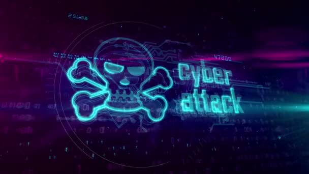Cyber aanval hologram op digitale achtergrond. Gevaar alert, bedreiging, infectie en waarschuwing abstract concept met skull-symbool. Futuristische 3d animatie. - Video