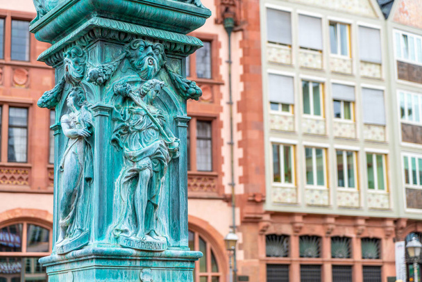 old town square romerberg with Justitia statue in Frankfurt Germ - Photo, Image
