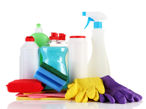 Bottles of dishwashing liquid and kitchen cleaners, isolated on white - 写真・画像