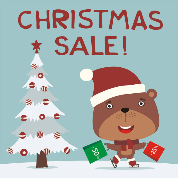  Sale Christmas card with cute cartoon character of bear in red Santa hat with shopping bags near tree - Vecteur, image