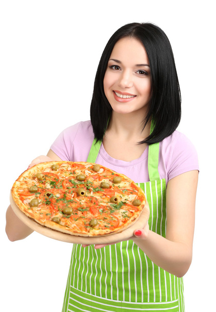 Girl housewife with delicious pizza isolated on white - Foto, afbeelding