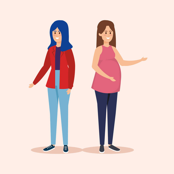 κορίτσια με χτένισμα και ένα έγκυος με casual ρούχα - Διάνυσμα, εικόνα