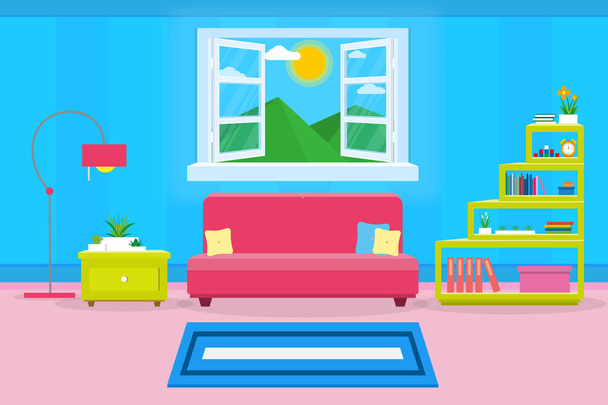 living room interior design with sofa and accessories, vector illustration  - Vector, Image