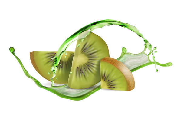 Kiwi affettato con uno spray di succo di frutta. Illustrazione realistica vettoriale su sfondo bianco
. - Vettoriali, immagini