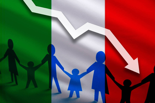 Italy flag background of the arrow chart down. Decrease in the number of the countrys rape. Fertility below the measurement. Reducing the flow of refugees, tourists, immigrants. - Photo, Image