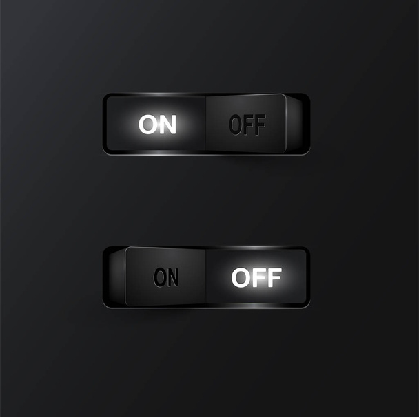 Realistic black switches (ON/OFF) on black background, vector il - Διάνυσμα, εικόνα