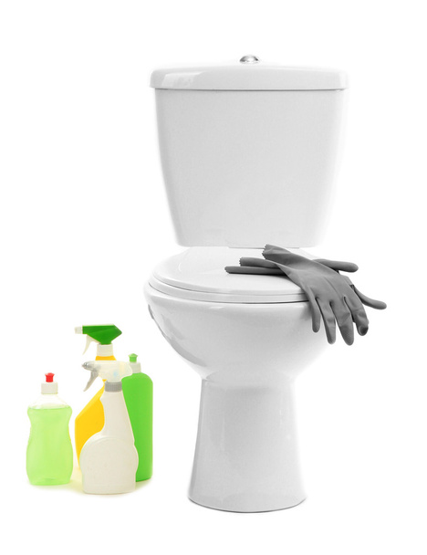 Toilet bowl and cleaning supplies, isolated on white - Фото, зображення