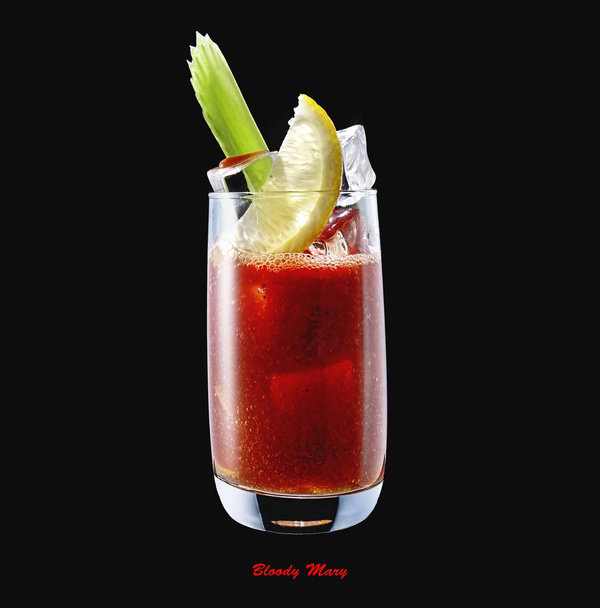 bloody mary, alcohol, spice, celery, drink, cocktail, alcoholic beverage, mixology, vodka,pepper, spicy, worcestershire sauce, garnish,, ice, ice cube, glass, backlit, translucent, reflective, studio - Φωτογραφία, εικόνα