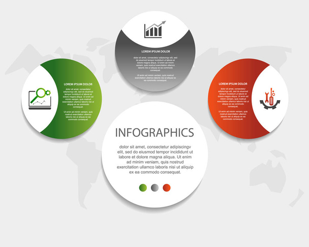 Ilustracja wektorowa nowoczesny 3d. Infografika okrągły szablon z trzech elementów. Ikony i tekstu. Przeznaczony dla firm, prezentacje, projektowanie stron internetowych, aplikacji, interfejsów, diagramów w 3 krokach - Wektor, obraz