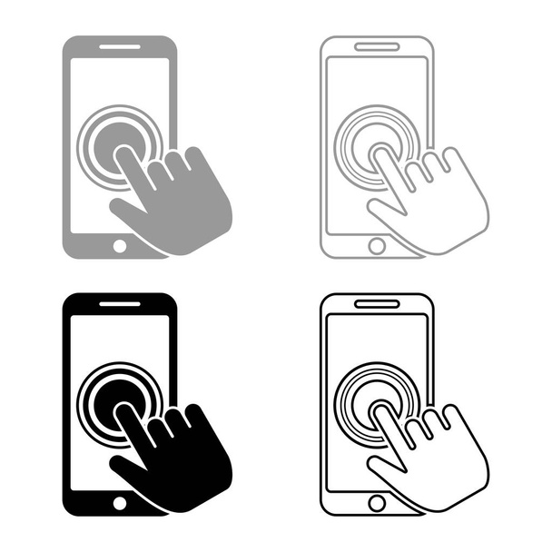 Click on touch screen smartphone Modern smartsphone with hand clicking on screen Finger click on mobile phone Action in apps cellphone Using telephone icon set black grey color vector illustration flat style simple image - Vector, Image