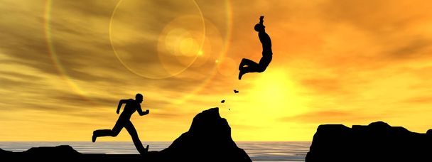 Concept or conceptual 3D illustration young men or businessmen silhouettes jumping  happy from cliff over water gap sunset or sunrise sky background - Photo, Image
