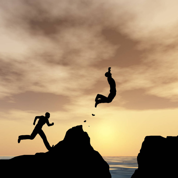 Concept of conceptuele 3D illustratie jonge mannen of zakenlieden silhouetten springen gelukkig van Cliff over waterkloof zonsondergang of zonsopgang hemel achtergrond - Foto, afbeelding