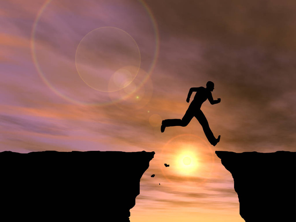 Concepto o conceptual joven 3D ilustración hombre o hombre de negocios silueta salto feliz desde el acantilado sobre la brecha puesta de sol o amanecer cielo fondo
 - Foto, imagen