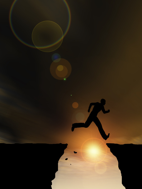 Conceito ou conceitual jovem ilustração 3D homem ou empresário silhueta saltar feliz de penhasco sobre o pôr do sol lacuna ou nascer do sol céu fundo
 - Foto, Imagem