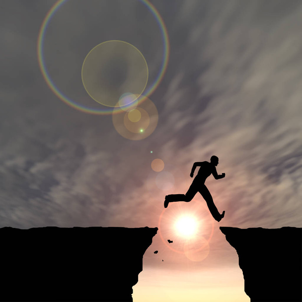 Concepto o conceptual joven 3D ilustración hombre o hombre de negocios silueta salto feliz desde el acantilado sobre la brecha puesta de sol o amanecer cielo fondo
 - Foto, imagen