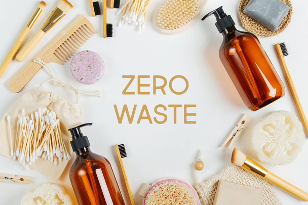 Set of Eco cosmetics products and tools. Soap, Shampoo Bottles, bamboo toothbrush, natural wooden brush. Zero waste, Plastic free. Sustainable lifestyle concept.  - 写真・画像