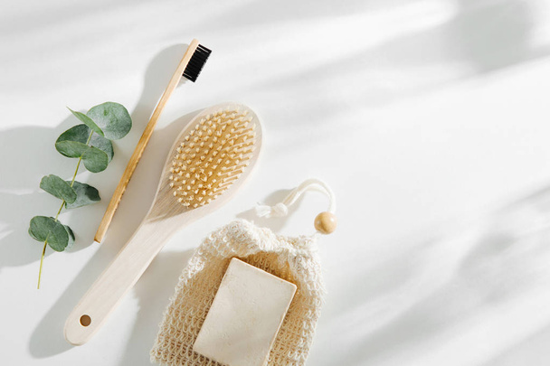 Soap Eco Bag, bamboo toothbrush, natural brush Eco cosmetics products and tools. Zero waste, Plastic free. Sustainable lifestyle concept - Photo, image