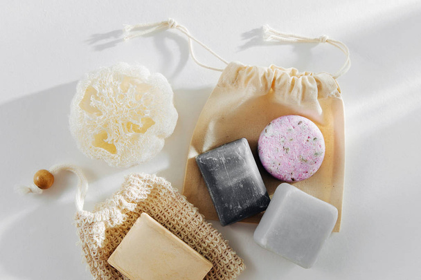 Eco natural Soap and Solid Shampoo Bars. Zero waste concept. Plastic free. Flat lay, top view - Foto, Imagem