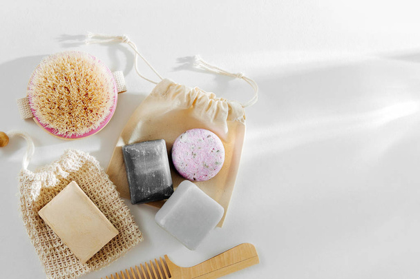 Eco natural Soap and Solid Shampoo Bars. Zero waste concept. Plastic free. Flat lay, top view - 写真・画像